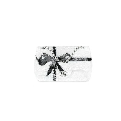 CHANEL 24B WHITE & BLACK SEQUIN BOW MINI FLAP SILVER HARDWARE BAG AS2090 (20*13*6cm)